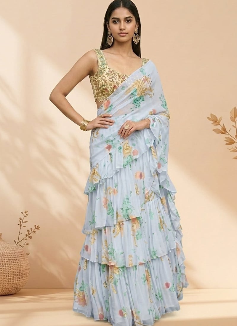 Stunning Blue Faux Georgette Hand Embroidered Stones Sequins Saree Wedding Wear