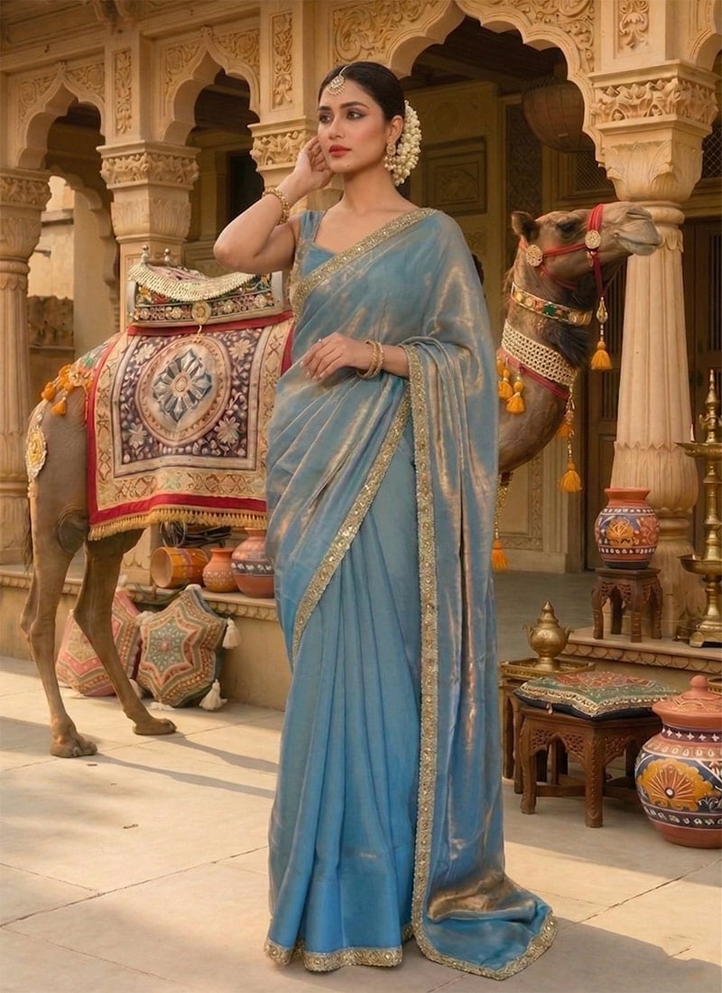 Stunning Blue Fendy Silk Ready Lace Work Saree Festive Wear