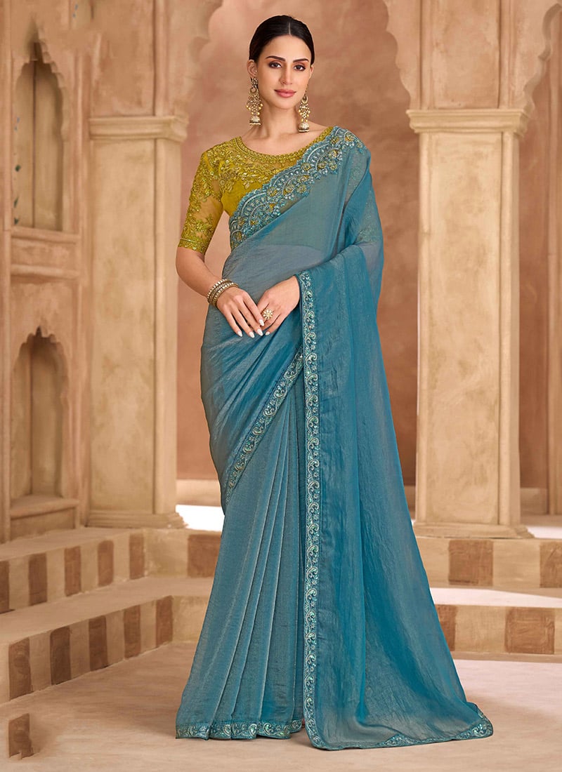 Stunning Blue Georgette Embroidered Sequins Zari Saree Wedding Wear