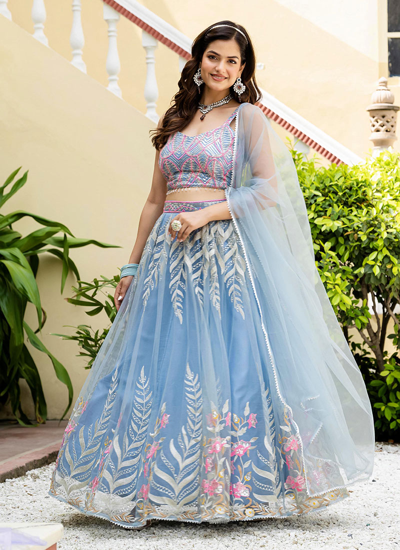 Stunning Blue Net Embroidered Sequins A Line Lehenga After Six Wear