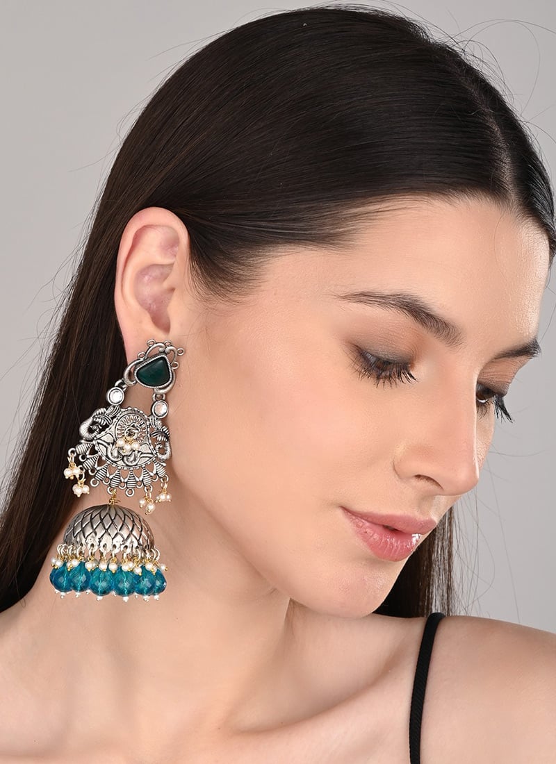 Stunning Blue Pearl Stone Jhumka Festive Wear