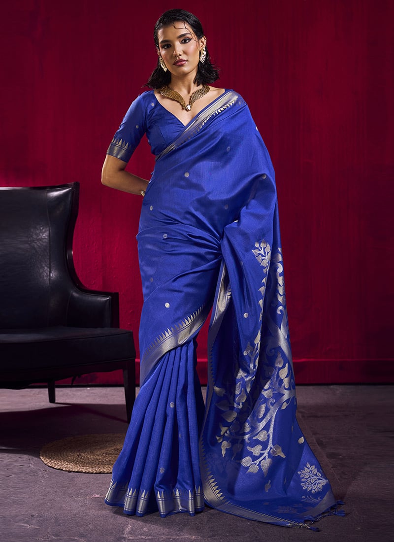 Stunning Blue Satin Linen Silk Handloom Zari Weaving Saree Festive Wear