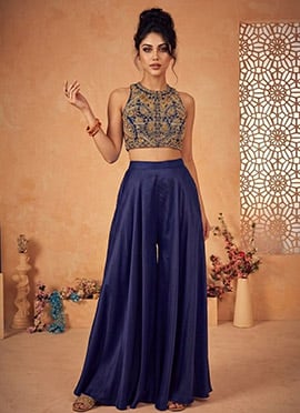 Stunning Blue Silk Beads Sequins Indowestern Set And Suit