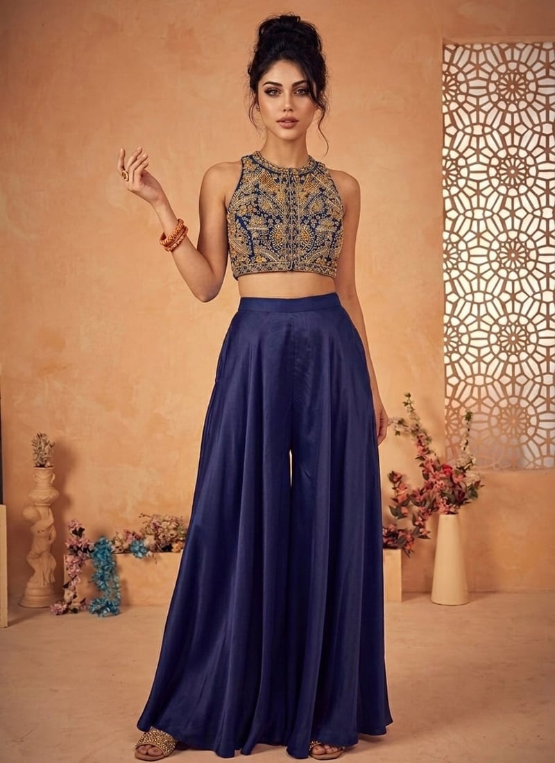 Stunning Blue Silk Beads Sequins Indowestern Set And Suit Wedding Wear