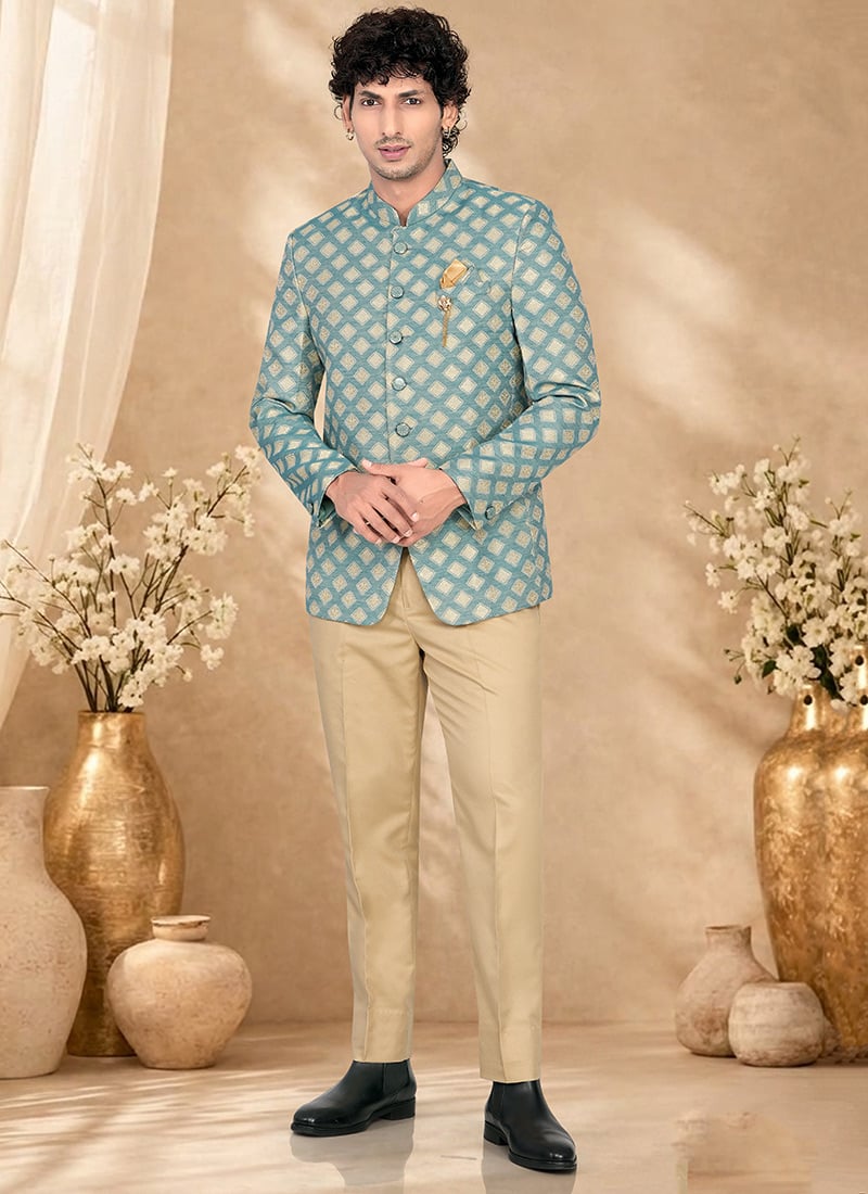 Stunning Blue Silk Embroidered Bandhgala Suit Wedding Wear
