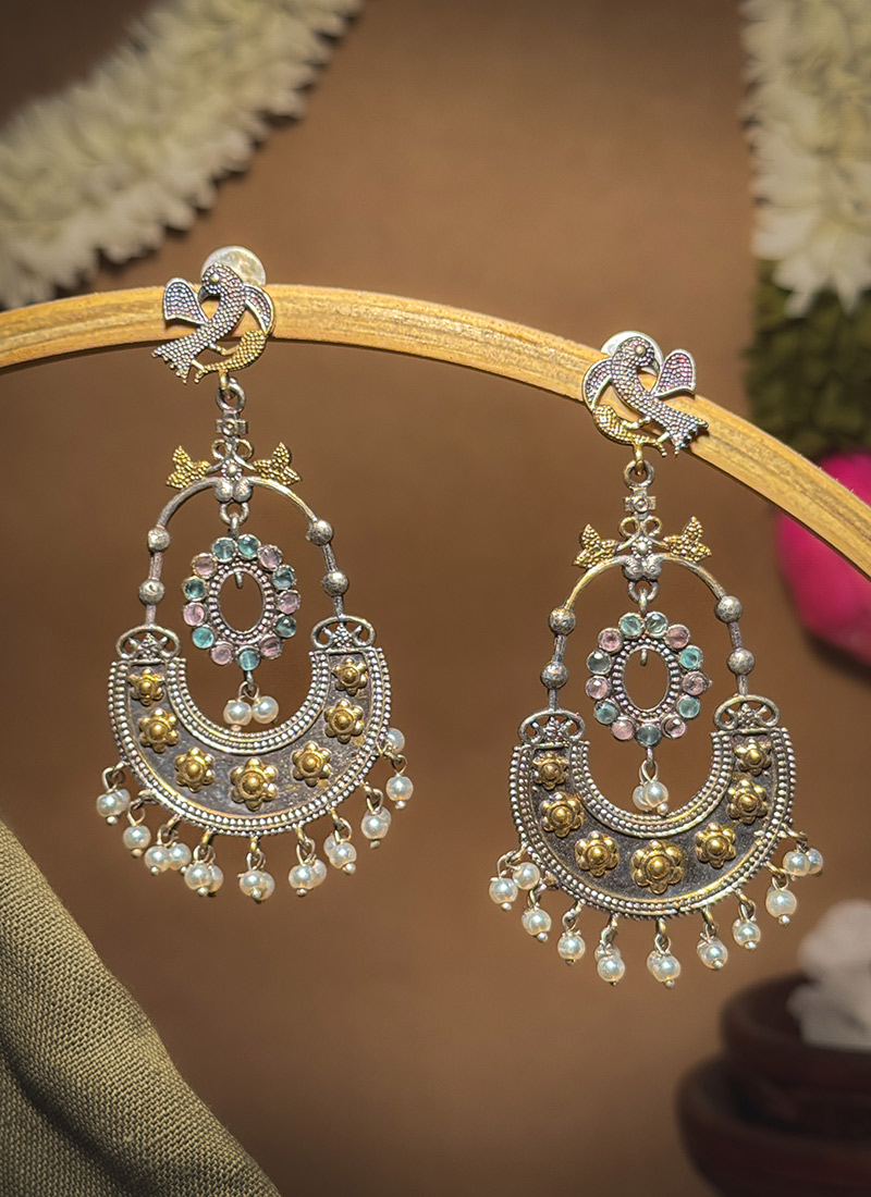 Stunning Blue Stones Beads Oxidised Chaand Bali Festive Wear