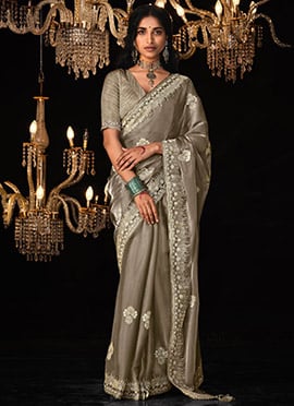Stunning Brown Embroidered Tissue Silk Reception Wear Saree
