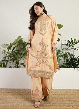 Stunning Cream Chinon Embroidered Sequins Thread Palazzo Suit
