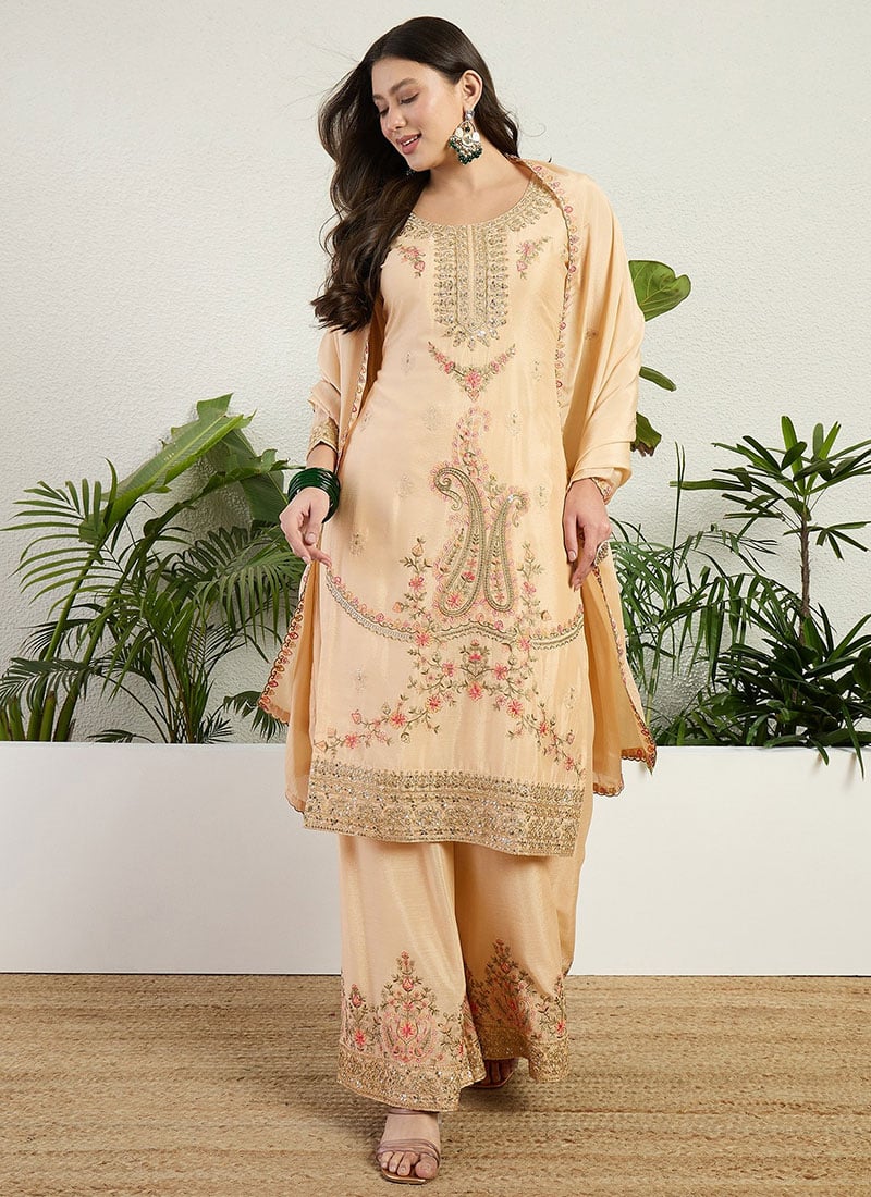 Stunning Cream Chinon Embroidered Sequins Thread Palazzo Suit Festive Wear