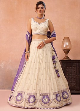 Stunning Cream Jacquard Silk Patch Work Embroidered Sequins Beads Lehenga