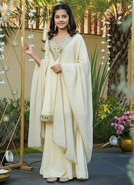 Stunning Cream Silk Real Mirror Work Kids Girls Palazzo Suit