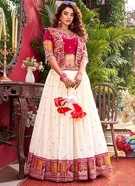 Stunning Cream Vichitra Silk Embroidered Sequins Indowestern Jacket Skirt Set