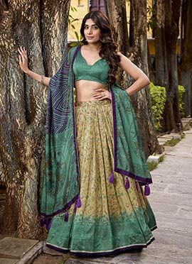 Stunning Cream Vichitra Silk Printed Lehenga