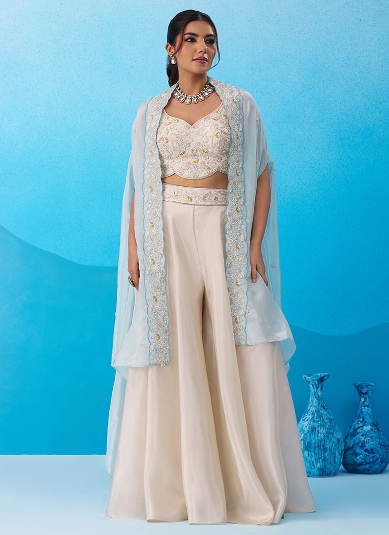 Stunning Cream Viscose Embroidered Sequins With Beads Work Jacket Palazzo Crop Top Set Wedding Wear