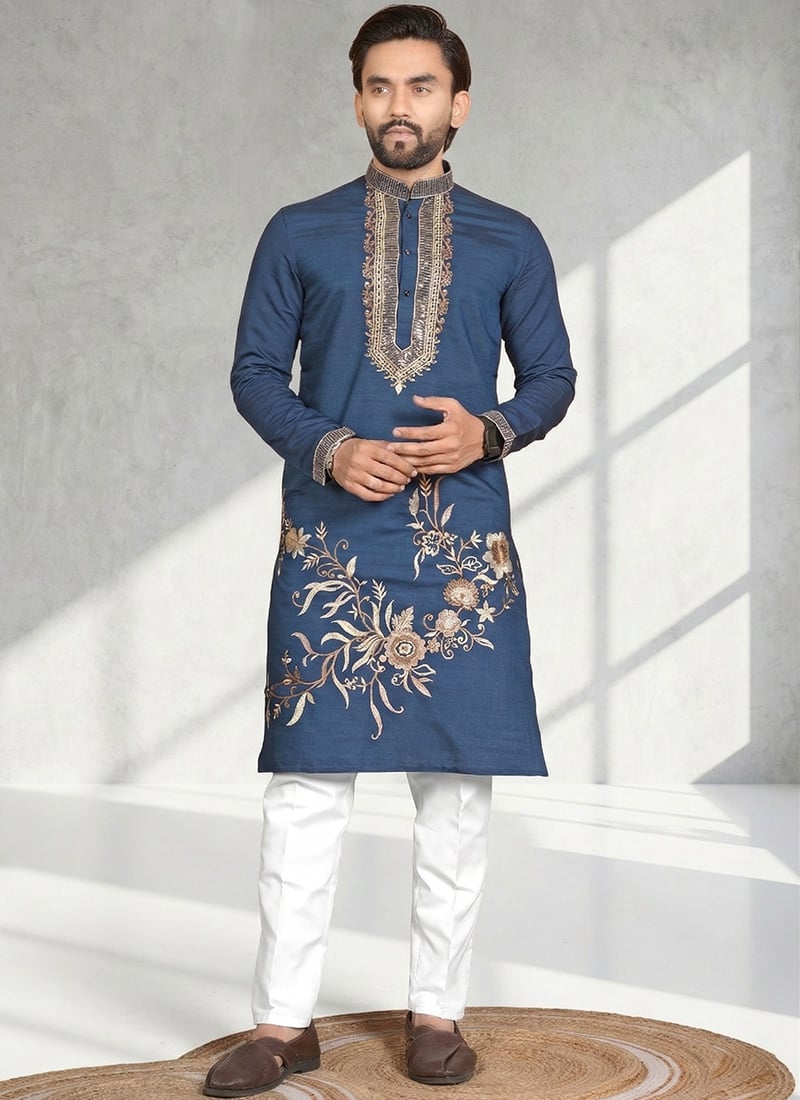 Stunning Dark Blue Cotton Silk Embroidered Mens Kurta