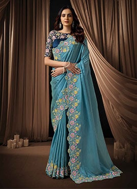 Stunning Dusty Blue Upada Silk Sequins Beads Hand Embroidered Stones Saree