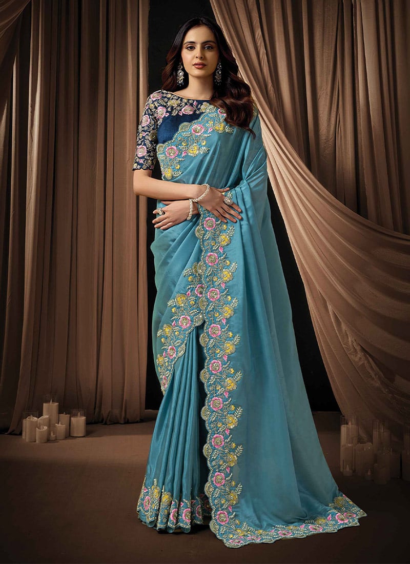 Stunning Dusty Blue Upada Silk Sequins Beads Hand Embroidered Stones Saree Wedding Wear