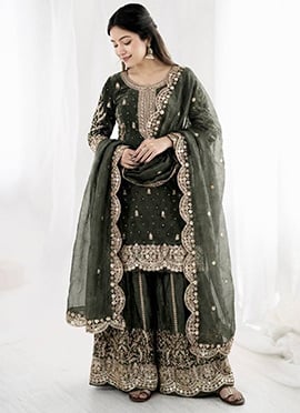 Stunning Dusty Grey Fendy Silk Embroidered Sequins Moti Palazzo Suit