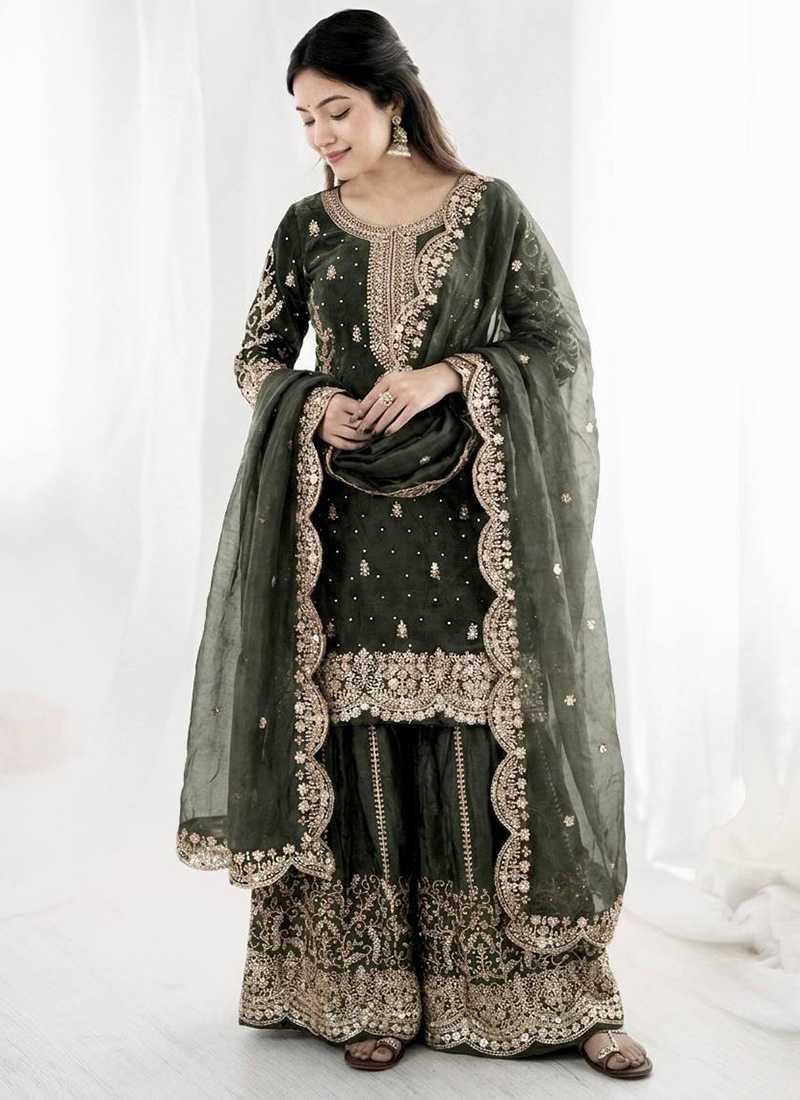 Stunning Dusty Grey Fendy Silk Embroidered Sequins Moti Palazzo Suit Festive Wear