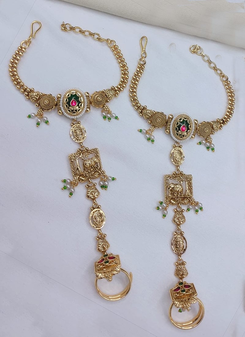 Stunning Gold Copper Beads Kundan Haath Pool Wedding Wear