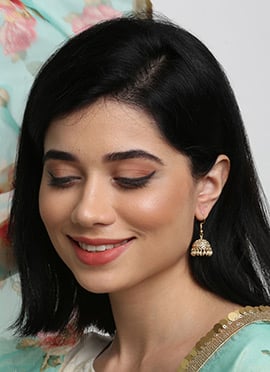 Stunning Gold Plated Kundan Jhumka With White Beads