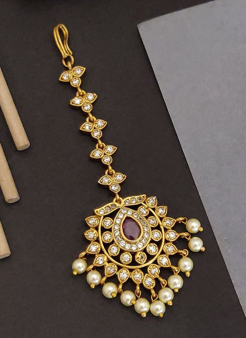 Stunning Gold Stones Moti Mangtikka Festive Wear