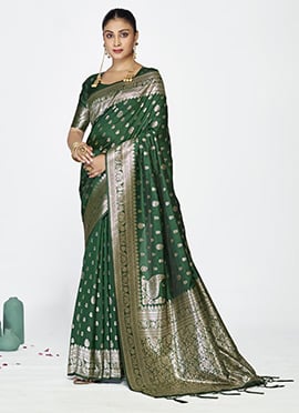 Stunning Green Banarasi Silk Zari Woven Saree