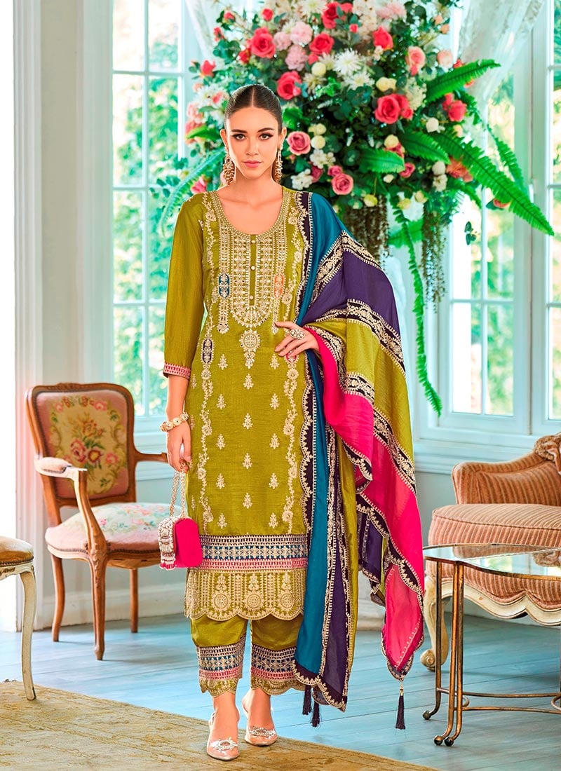 Stunning Mehendi Green Chinon Zari Embroidered With Stone Sequins Pakistani Palazzo Suit