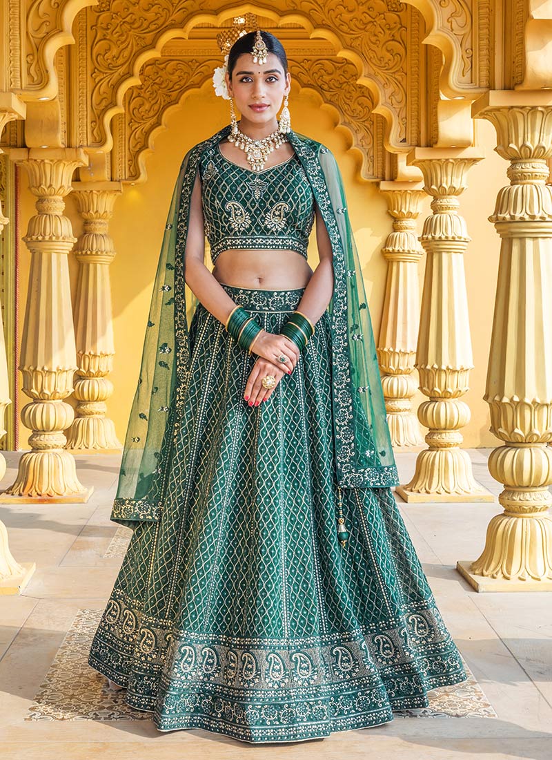 Stunning Green Faux Georgette Lehenga Adorned With Zari Embroidery And Sequins Wedding Wear