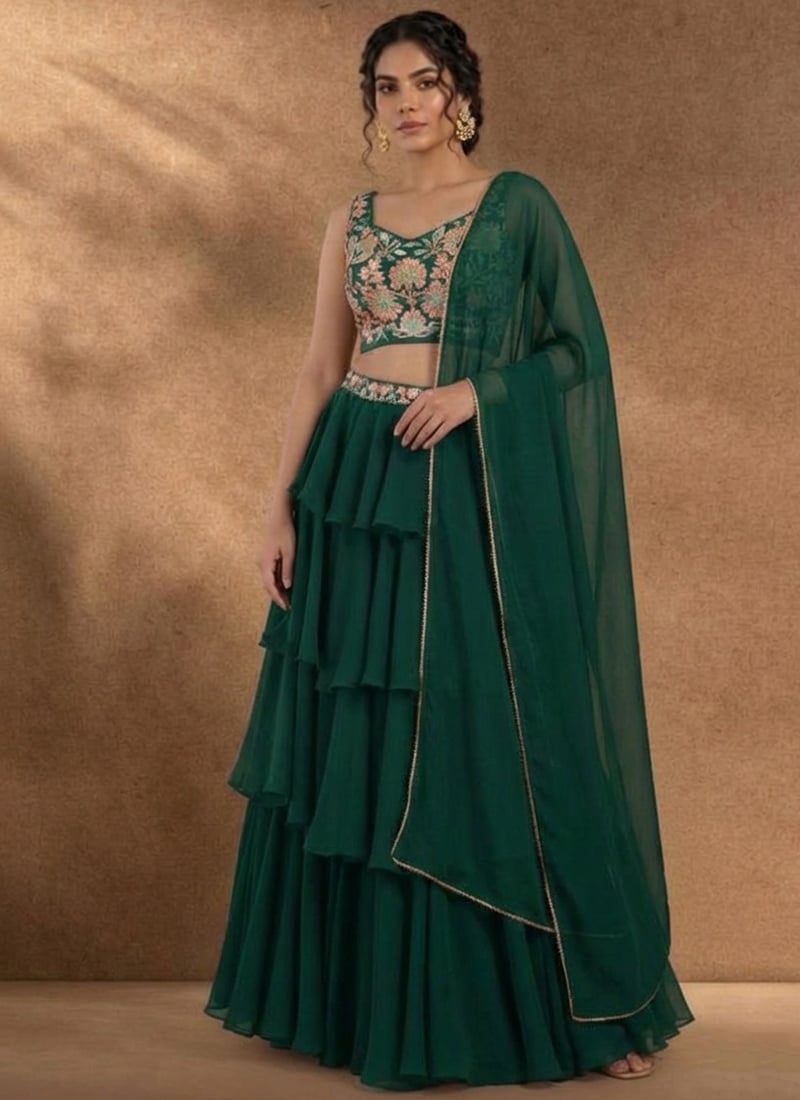 Stunning Green Faux Georgette Resham Beads A Line Lehenga Wedding Wear