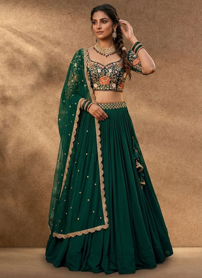 Stunning Green Faux Georgette Resham Embroidered Umbrella Lehenga Wedding Wear