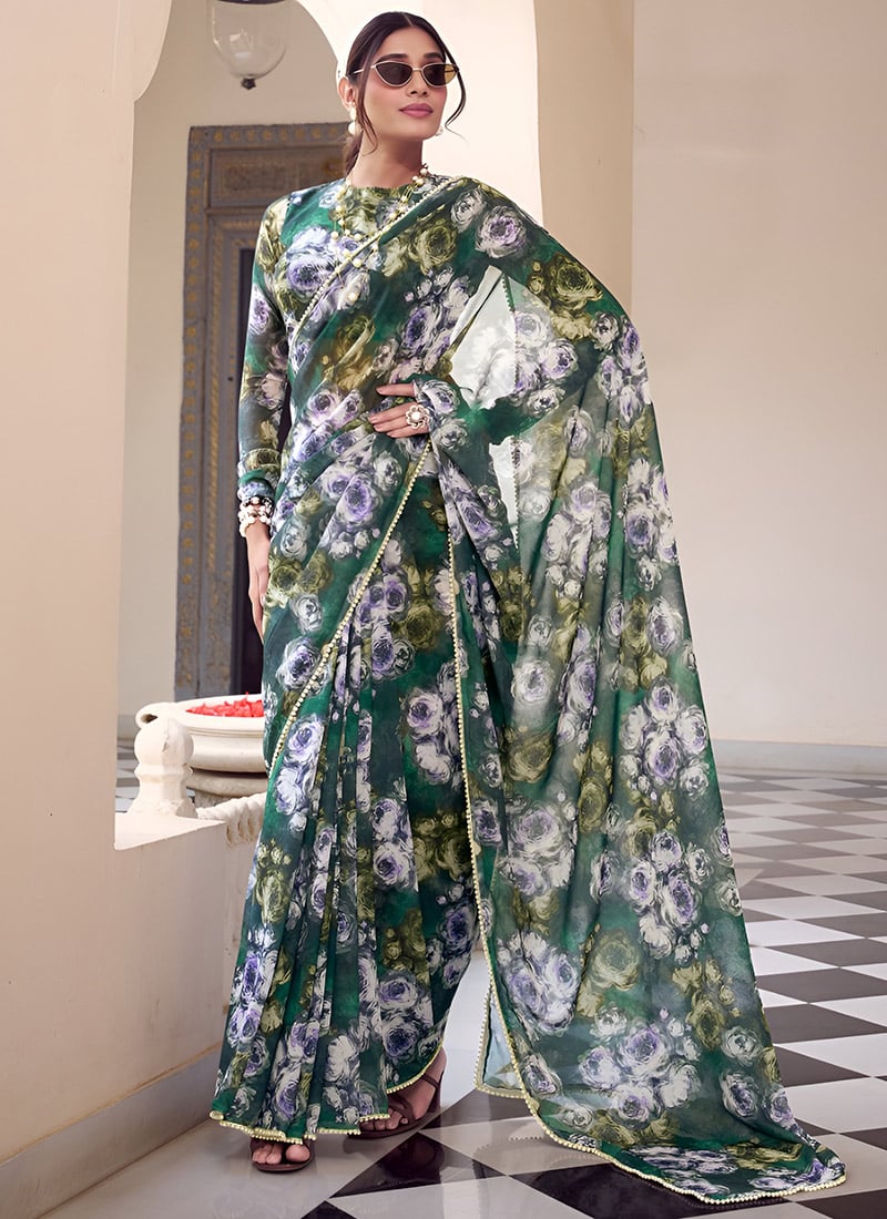 Stunning Green Georgette Floral Printed Pre Draped Saree After Six Wear