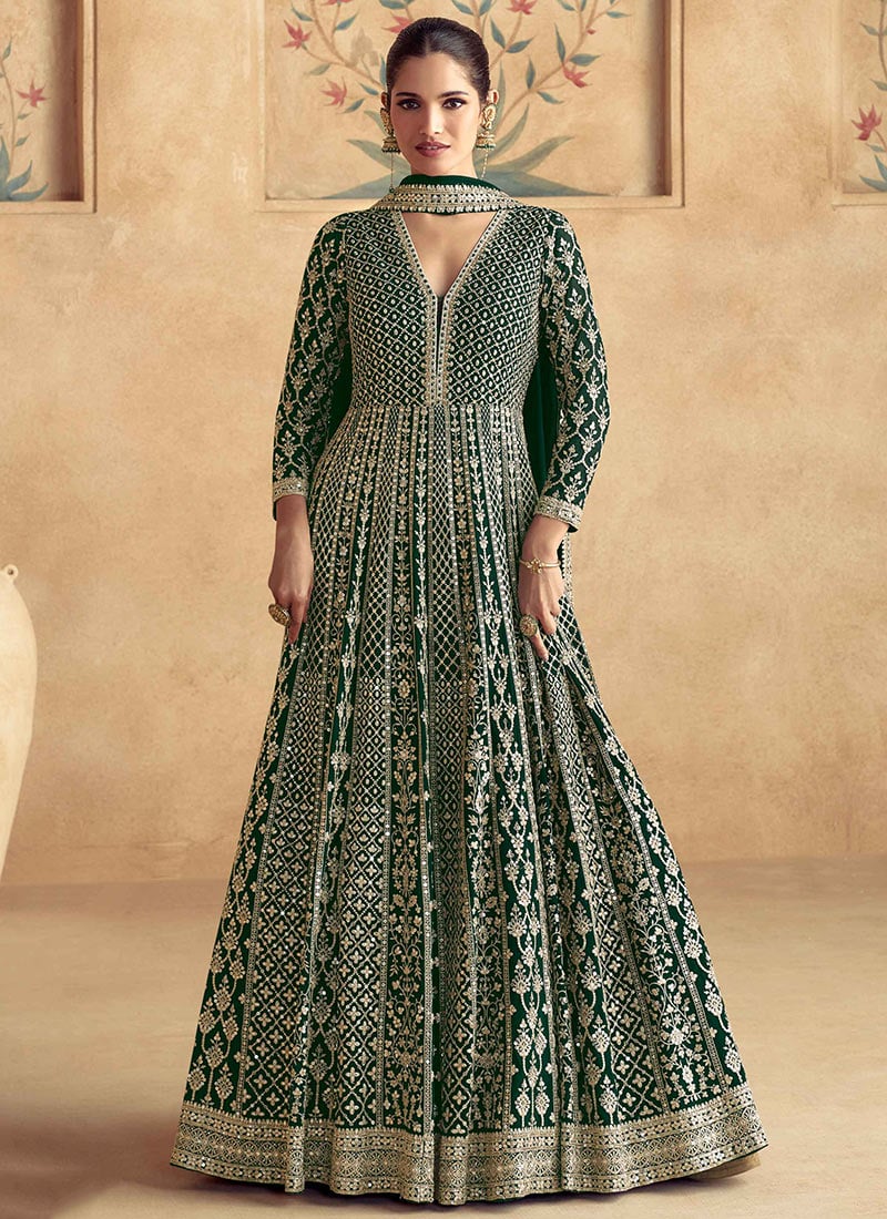 Stunning Green Georgette Gota Sequins ALine Anarkali For Celebrations Wedding Wear