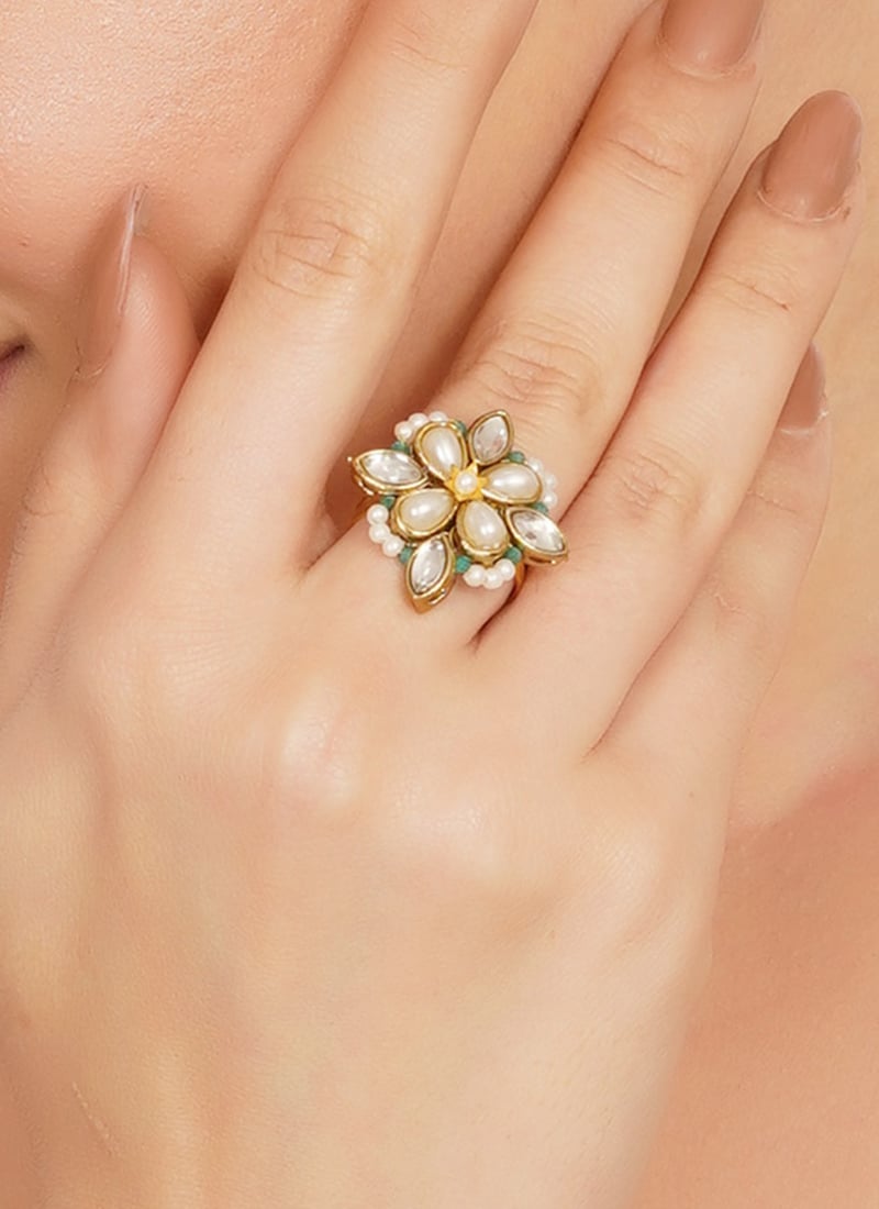 Stunning Green Kundan Beads Ring Festive Wear
