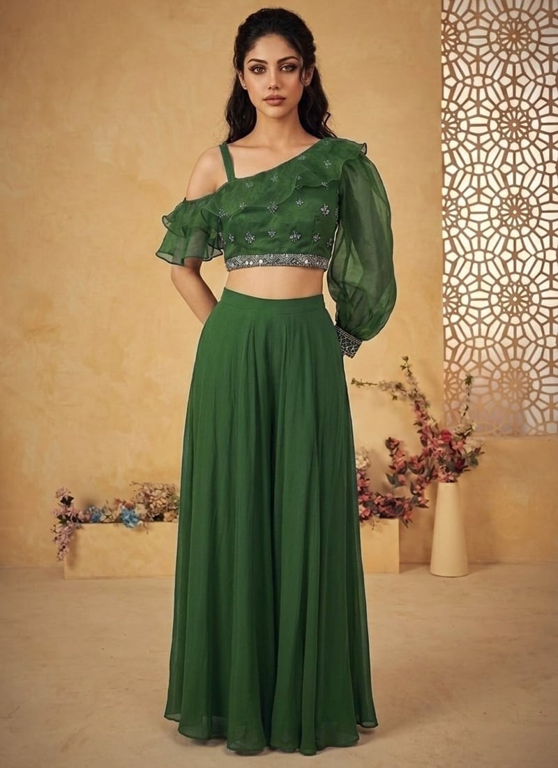 Stunning Green Organza Zari Sequins Indo Western Set Wedding Wear