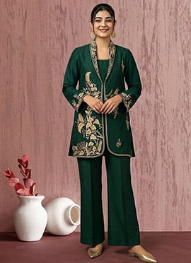 Stunning Green Satin Blend Zari Sequins Palazzo Suit