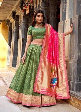 Stunning Green Shimmer Organza Zari Embroidered Sequins Lehenga