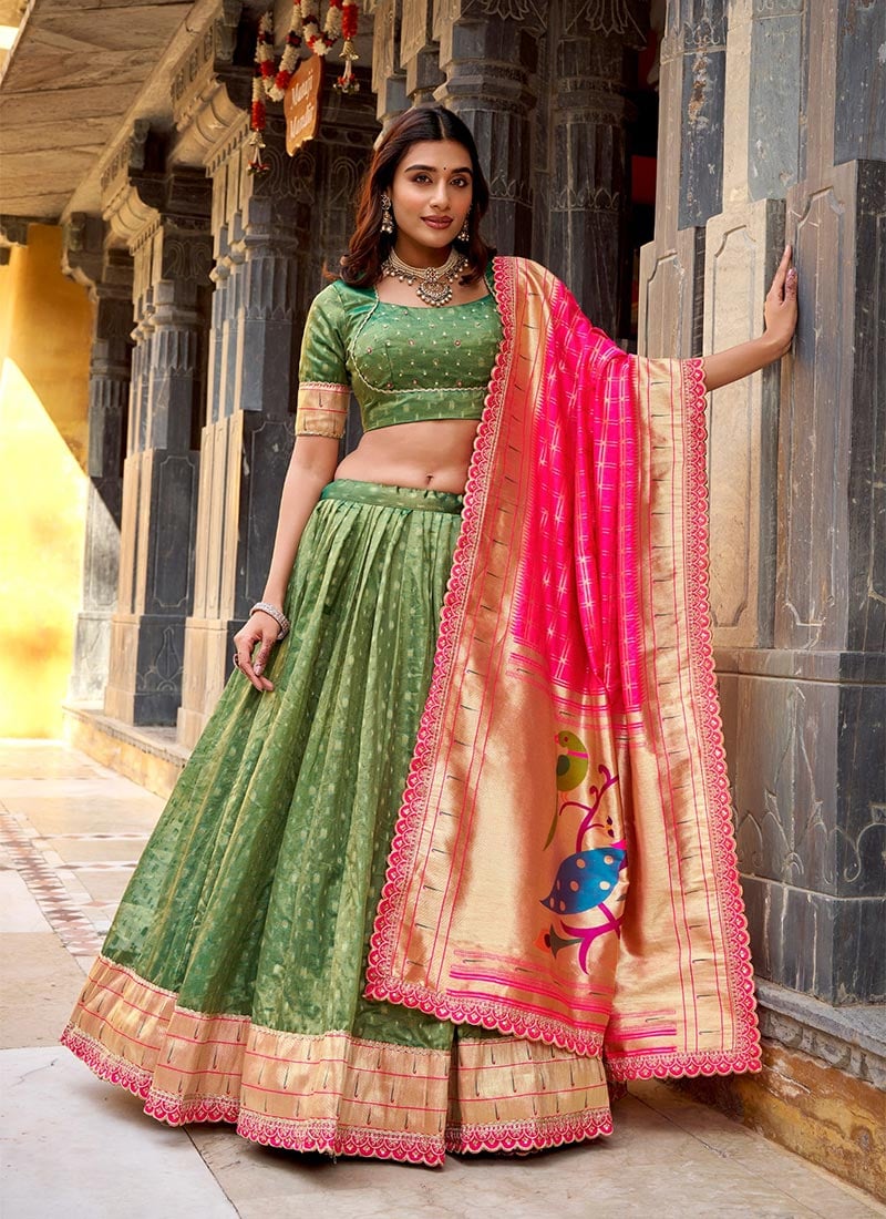 Stunning Green Shimmer Organza Zari Embroidered Sequins Lehenga Wedding Wear