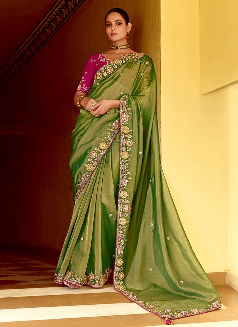 Stunning Green Silk Embroidered Sequins Stone And Beads Work Saree Wedding Wear