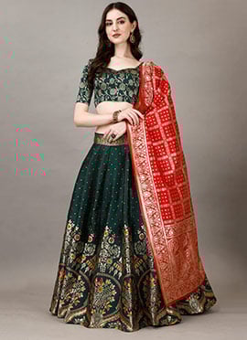 Stunning Green Silk Jacquard Woven Lehenga Choli