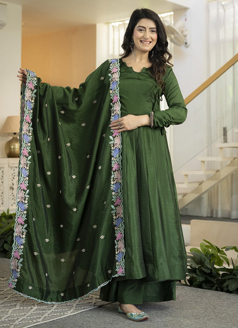 Stunning Green Vichitra Silk Embroidered Sequins Anarkali Suit Festive Wear