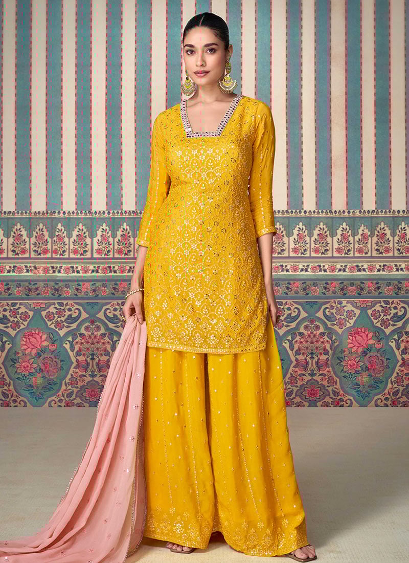 Stunning In Mustard Chinnon Silk Embroidered Sequins Palazzo Suit