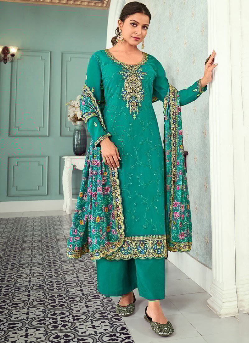Stunning In Teal Green Faux Georgette Embroidered Sequins Straight Pant Suit Festive Wear