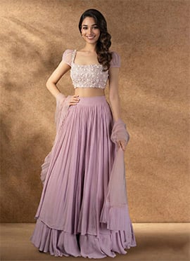 Stunning Lavender Faux Georgette Beads Stones Hand Embroidered A Line Lehenga