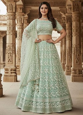 Stunning Light Green Net Zari Sequins Embroidered A Line Lehenga