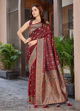 Stunning Maroon Banarasi Silk Jacquard Woven Saree