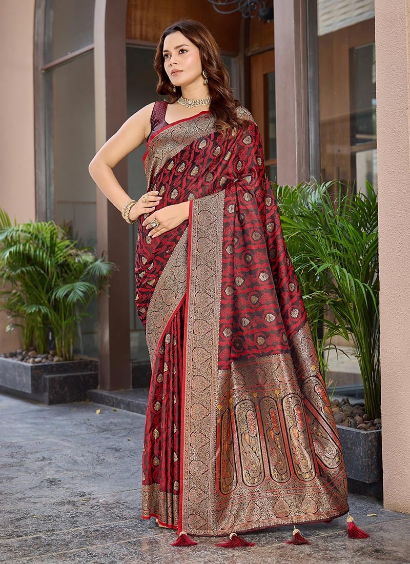 Stunning Maroon Banarasi Silk Jacquard Woven Saree Festive Wear