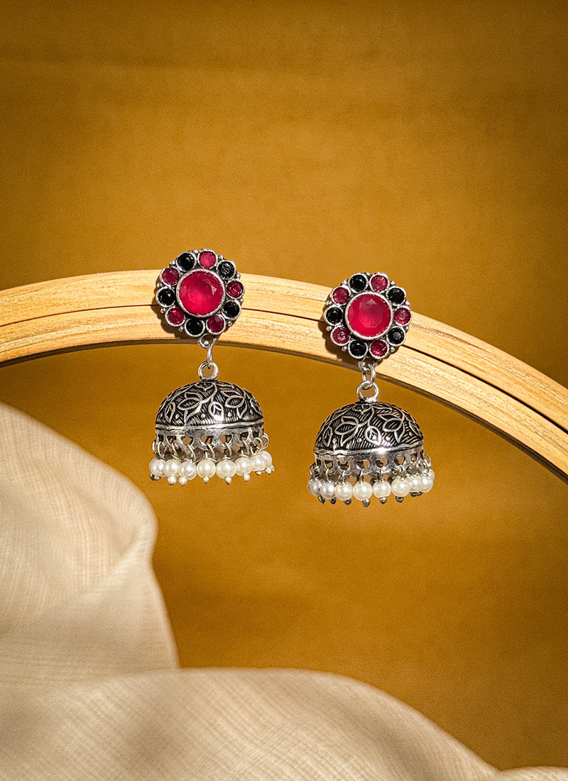 Stunning Maroon Kundan Beads Oxidised Jhumka Festive Wear