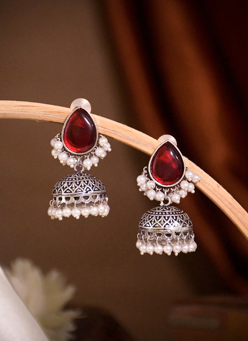 Stunning Maroon Kundan Beads Oxidised Jhumka Festive Wear