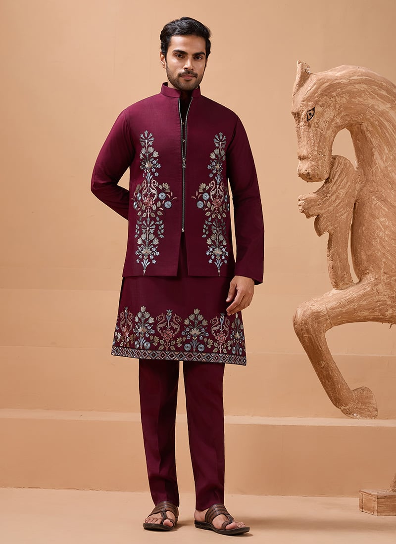 Stunning Maroon Viscose Silk Embroidered Sequins Thread Bandi Set Wedding Wear